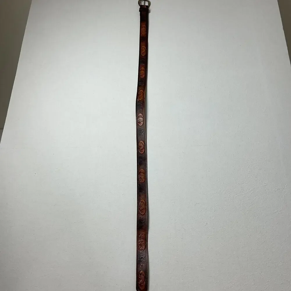 Vintage Brown Leather Western Style Fish Themed Belt 44 inch with Buckle